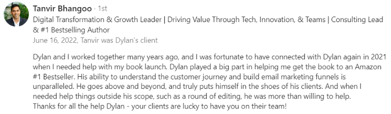 Tanvir's testimonial for email copywriting services